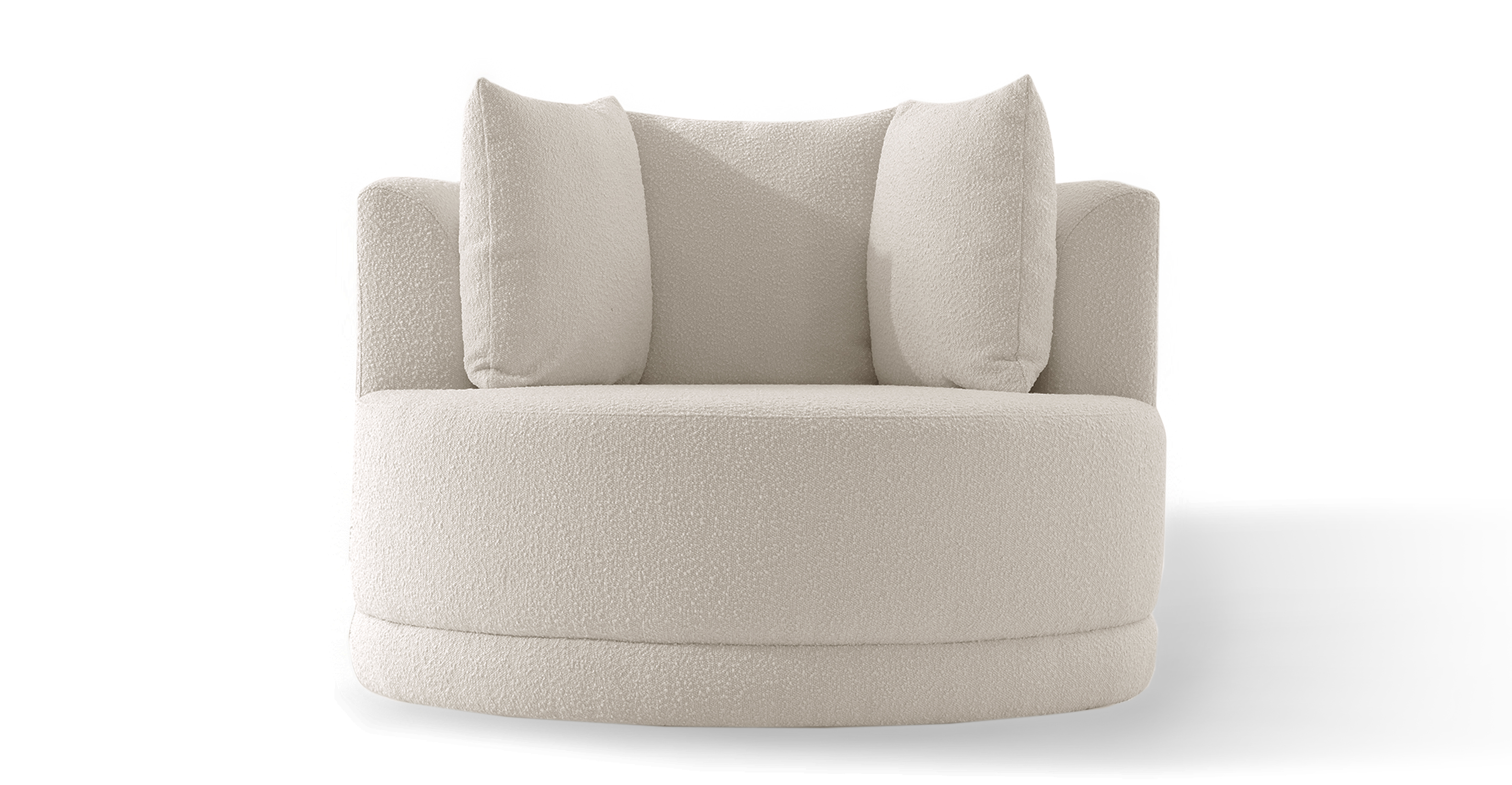 Domus Barrel Chair in Blanc has a large attached cushion base that is rounded in the front. The arm style is straight on the exterior of the chair, with a curved taper on the inside. The chair is floor based and 100% upholstered. The chair has three back cushions. The style is modern and minimalist.