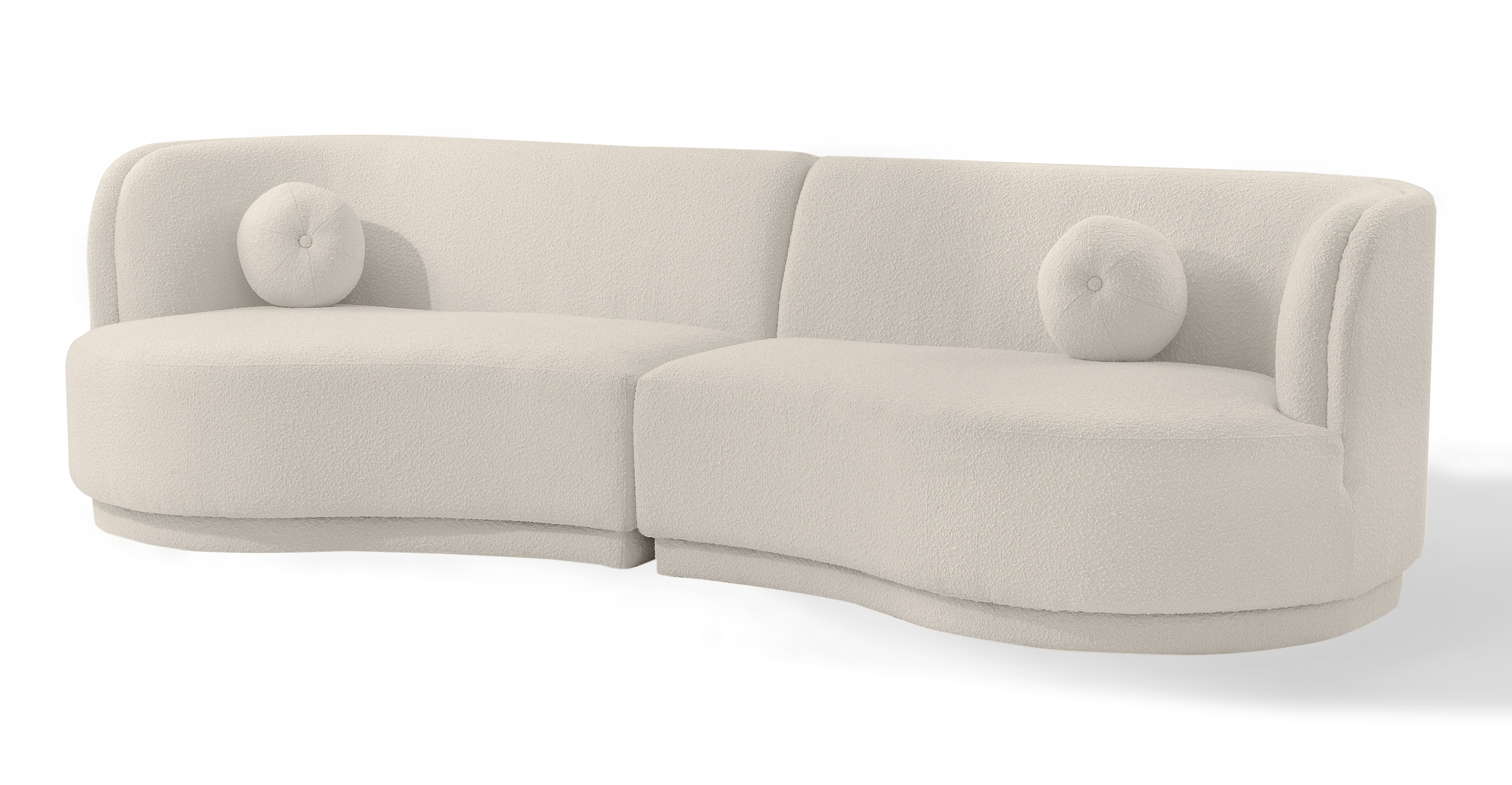 The Swoosh is a modular floor sofa series. A narrow indented frame supports the one-piece thick seat cushion. The back is attached and angled for nice lumbar support. On the loveseat pieces with arms, the shape of the arm is recessed and curved at the top. All the pieces have a curve to their shape - the more you add pieces, the more of a curve you get. The back is flat and smooth. Included with each piece is a matching round ball pillow. Solvang 2-pc Sofa, White Blanc Boucle set uses: One Swoosh left arm chaise, and one Swoosh right arm chaise.