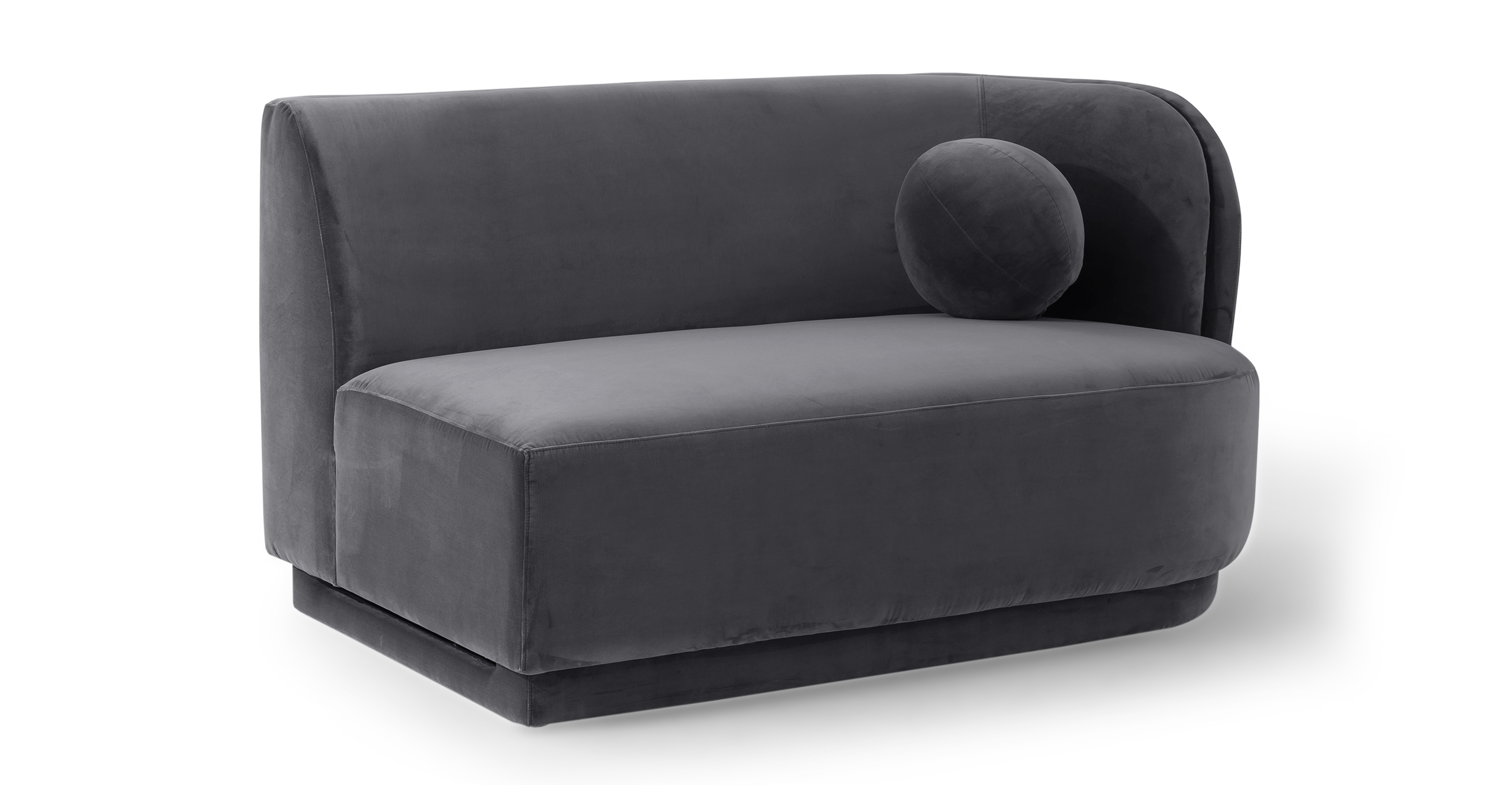 The Swoosh is a modular floor sofa series. A narrow indented frame supports the one-piece thick seat cushion. The back is attached and angled for nice lumbar support. This part is the right arm sofa in gray Fossil velvet.