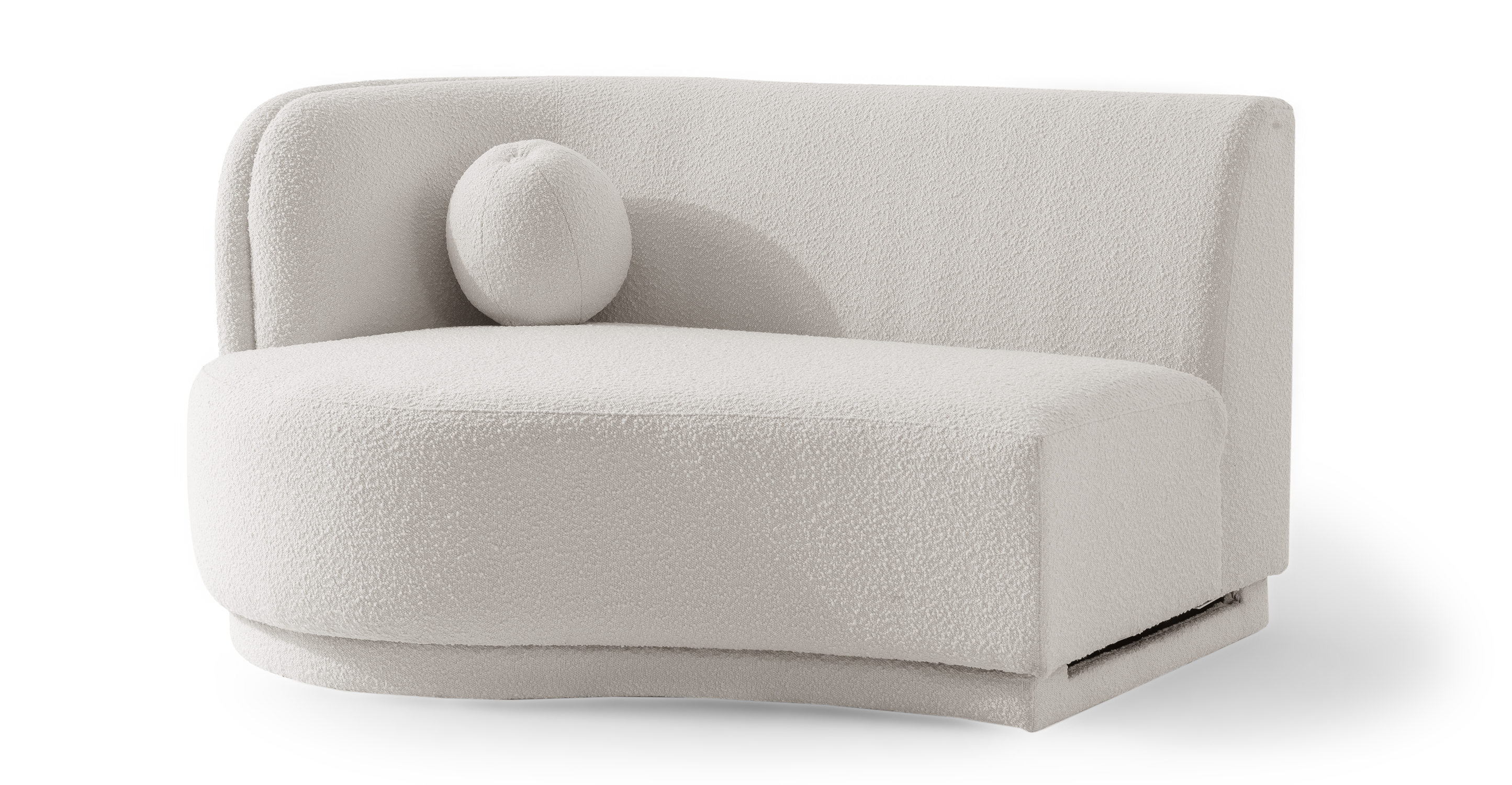 The Swoosh is a modular floor sofa series. A narrow indented frame supports the one-piece thick seat cushion. The back is attached and angled for nice lumbar support. This part is the left Chaise in White Blanc Boucle fabric.