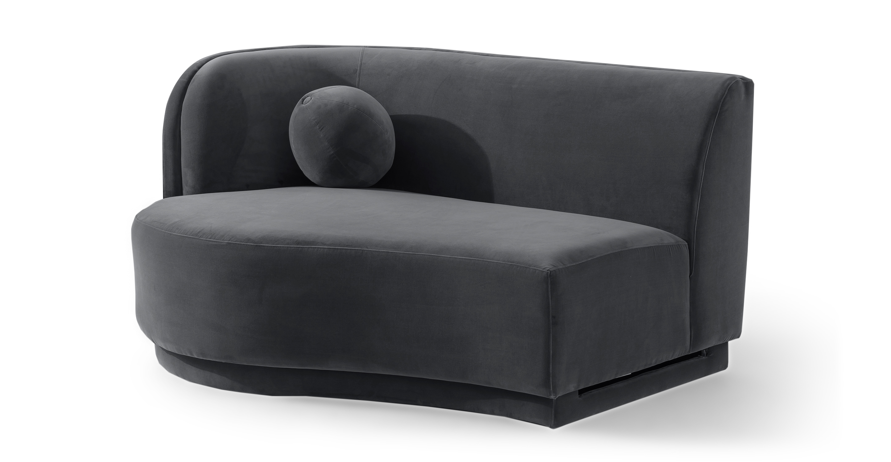 The Swoosh is a modular floor sofa series. A narrow indented frame supports the one-piece thick seat cushion. The back is attached and angled for nice lumbar support. This part is the left Chaise in gray Fossil velvet.