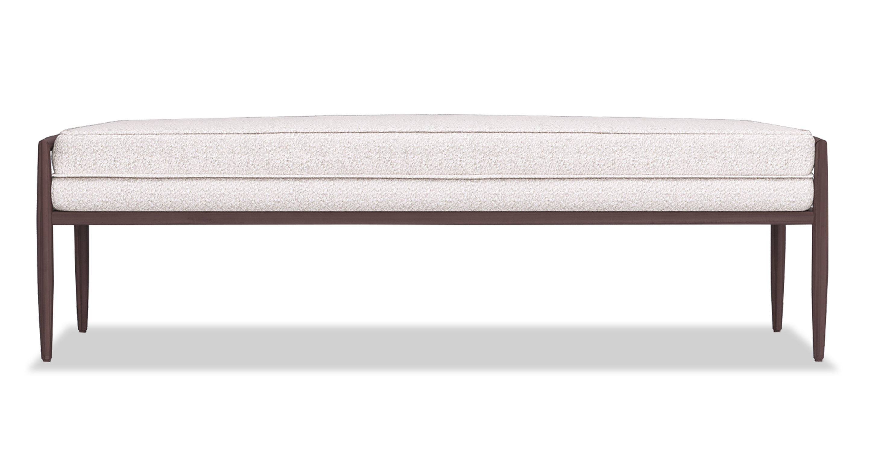 The Fritz Cream sitting bench showcases an exposed walnut wooden frame on the sides and under the cushion, which seamlessly connects to tapered legs. The cushion provides a single seat that is 100% upholstered, offering a comfortable and stylish seating option. To add visual interest and create dimension, the cushion features mid-horizontal piping. This detailing not only enhances the aesthetics of the bench but also adds a touch of sophistication to its design. With its combination of an exposed wooden frame, tapered legs, and upholstered cushion with piping, this bench exudes a blend of modern and classic elements, making it an attractive and versatile piece for various living spaces.