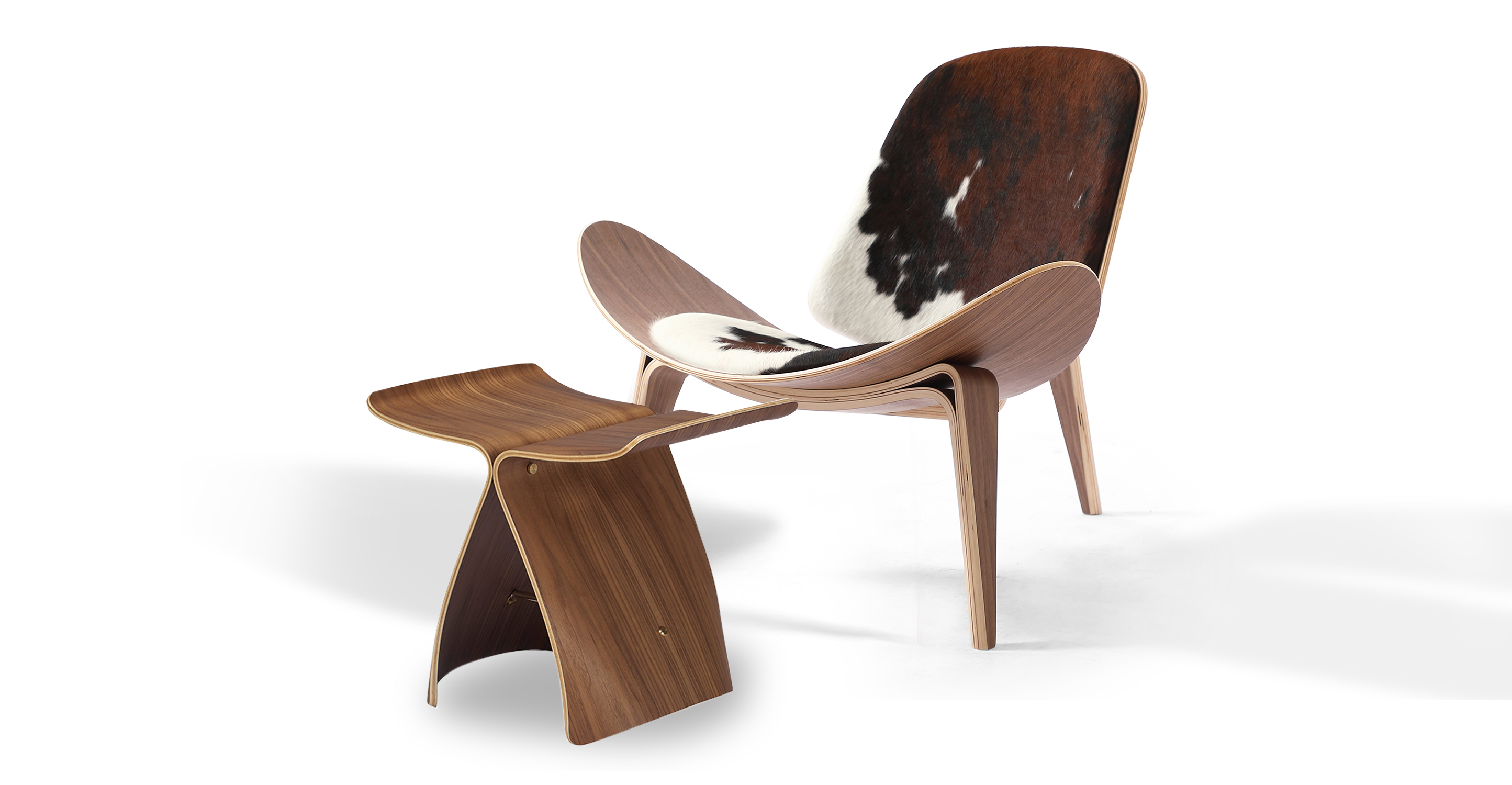 Tripod Leather Chair 2-pc Set, Walnut/Black, Brown & White Cowhide
