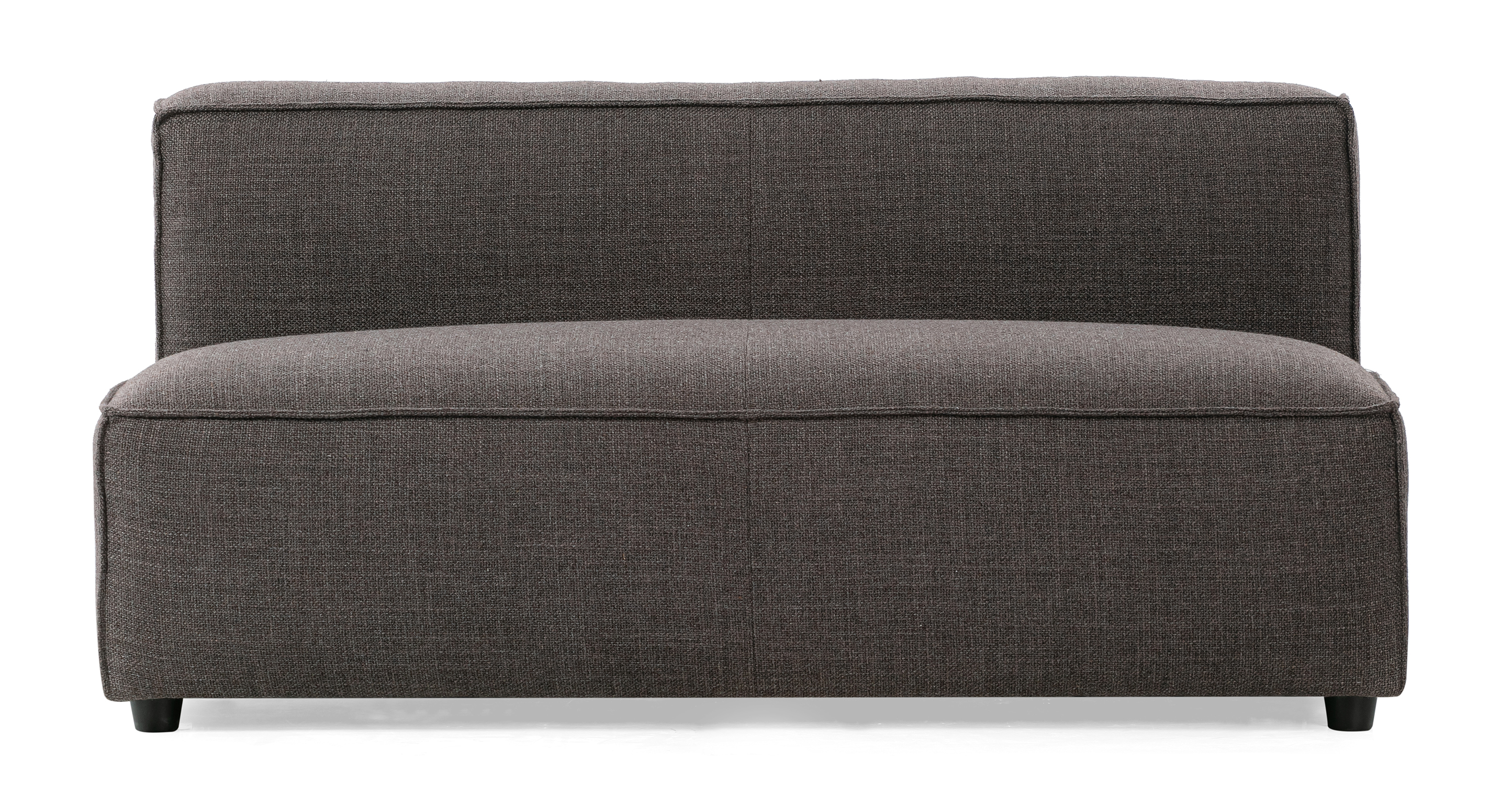 Soho Dior armless love seat is a low profile love seat mounted to short black legs. The base of the love seat is a large once piece cushion. Mounted to the back of the love seat is a rectangle one piece back. The cushions having piping along the edge and a center stitching seam. This item can stand alone or be a part of the modular series were more pieces can be added.