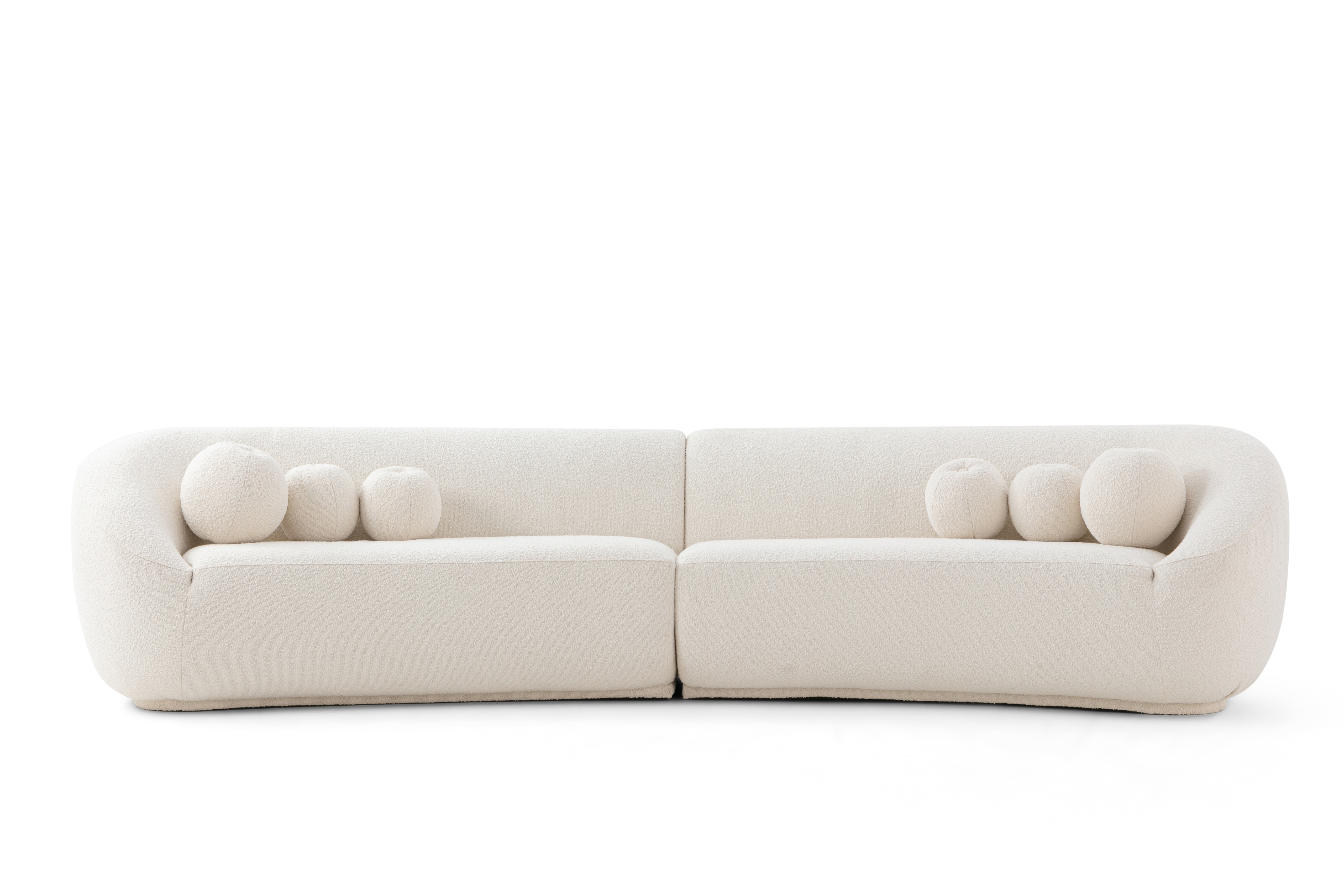 Blanc Moon is a floor style component series which items can be added to change the shape and configuration. This series uses a right and left armed sofa options to create a full backed long sofa. The base is the series is a large seat cushion built into the frame. Smooth rounded back and curved arms bring an understated elegance and modern flare to the series. Included are three round pillows.