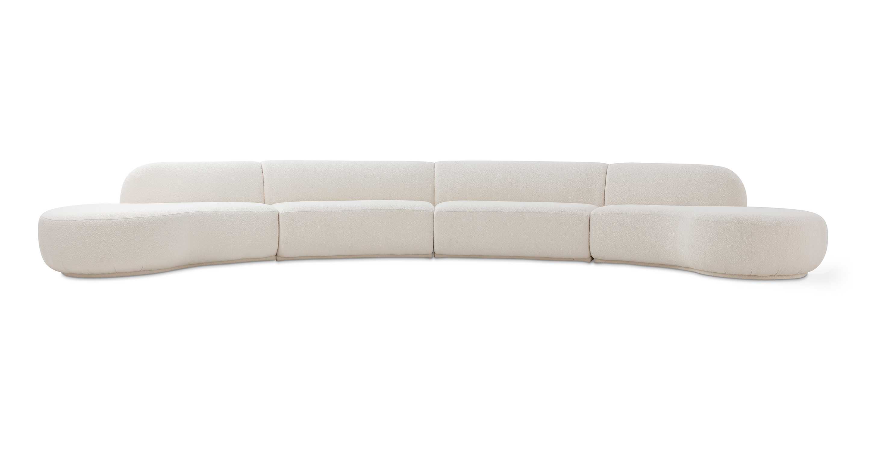 Moon is a floor style component series which items can be added to change the shape and configuration. This series uses two open-ended chaises and two armless love seats to create a narrow backed sofa with open ends. The base is the series is a large seat cushion built into the frame. Smooth rounded back and curved arms bring an understated elegance and modern flare to the series. Included are three round pillows.
