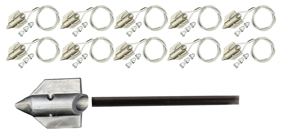 set of 10 4-inch aluminum bullet anchors with 60-inches of cable and 3) cable clamps per anchor including drive rod for installation