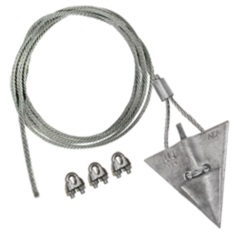 10-inch aluminum arrowhead anchor with 72-inch galvanized aircraft cable and three cable clamps for Military Specified anchor assemblies MIL-A-3962E