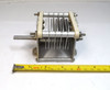 Genuine E.F. Johnson 154-11 single-section air variable capacitor, measured 11–42 pF with 0.125-inch plate spacing and 5,000-volt peak rating. Compact Type E design (approximately 4½ × 2⅝ × 2⅝ inches) with ¼-inch shaft, aluminum plates, and ceramic insulation. Ideal for amateur radio transmitters, amplifiers, antenna tuners, or vintage equipment restoration. Stamped 154-11 and 9-38. Reliable high-voltage RF performance for ham radio projects and parts inventory.