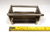 Vintage Hammarlund C-6558 single-section air variable capacitor, 22–454 pF, approximately 1000 V peak rating. Compact USA-made multi-plate design with ~1/64-inch plate spacing and 1/4-inch shaft. Measures about 4 × 1-3/4 × 1-3/4 inches. Ideal for amateur radio receivers, restoration projects, or RF tuning applications needing a reliable high-capacitance component in a small frame.