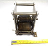 Unmarked single-section brass-plate air variable capacitor, 23–562 pF, approximately 1000 V peak rating. Compact multi-plate design with ~1/64-inch plate spacing and 1/4-inch shaft. Measures about 3-1/2 × 3-1/2 × 3-7/8 inches. Ideal for amateur radio receivers, restoration projects, or RF tuning applications needing a high-capacitance low-voltage component.