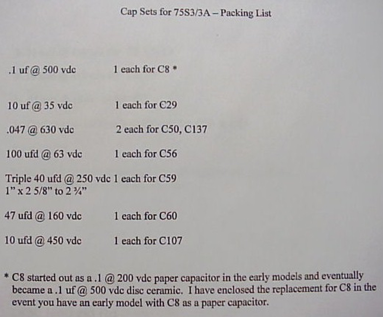 Collins 75S-3 & 75S-3A NEW Capacitor Replacement Kit Including