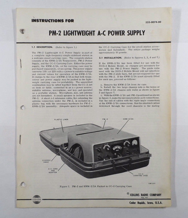 Collins PM-2 AC Power Supply Original Instruction Sheets Nov 1961 #1