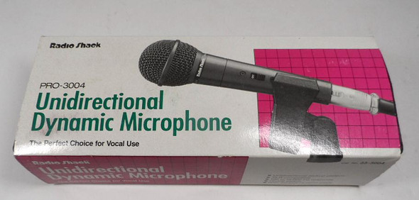 New in original box Radio Shack PRO-3004 (33-3004) Unidirectional Dynamic Microphone. 600 ohm cardioid dynamic mic with 20ft XLR-to-1/4" cable and mic clip. Vintage 1980s–90s classic — perfect for vocals, PA, amateur radio, and presentations
