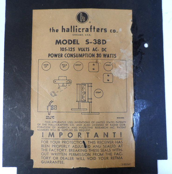 Original used bottom cover for Hallicrafters S-38D shortwave receiver. Correct factory panel for the underside of the cabinet. Good condition part for restoring your classic 1950s Hallicrafters S-38D receiver. Important safety cover for this hot-chassis design