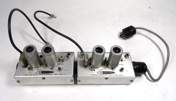 Vintage Heathkit SBA-300-3 6-meter and SBA-300-4 2-meter converters with interconnect cable. Excellent collector quality for SB-300/SB-301 receivers. Fully working after storage. Classic VHF upgrade for Heathkit station. Nationwide shipping available.
