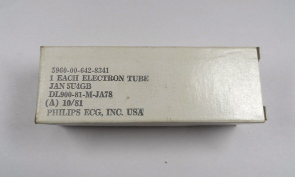 NOS Philips JAN 5U4GB rectifier tube dated 10/81 in original box. Military spec short version perfect for Collins 516F-2 power supply. Tested strong USA-made NOS rectifier for ham radio, hi-fi amps & restorations. Reliable vintage performance from our nationwide inventory.