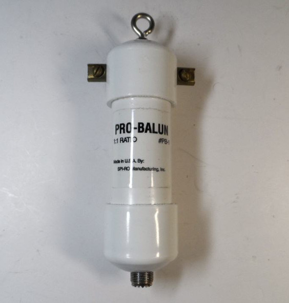 Pro-Balun PB-1 1:1 Current Balun by SPH-RO Manufacturing USA. Rugged PVC housing, eyebolt, brass terminals, SO-239 connector. Excellent for dipole and inverted-V antennas. Reduces RFI and common mode currents. Great condition ham radio antenna accessory.