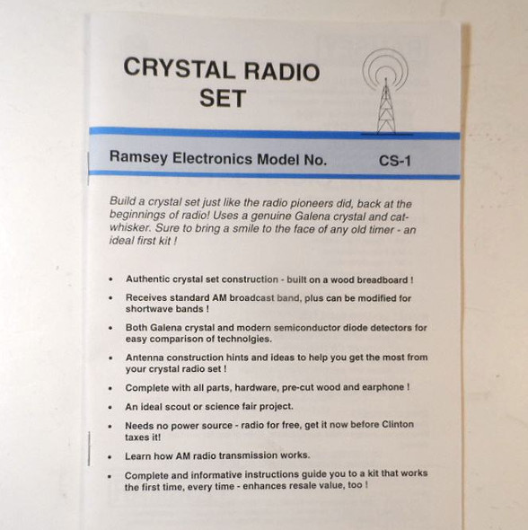 Ramsey Electronics CS-1 unbuilt Crystal Radio Kit with manual. Classic passive AM broadcast receiver — no batteries needed. Perfect beginner, educational, science fair or nostalgia project. Simple assembly, receives local stations with wire antenna. Vintage hobby radio kit, NOS. Great for kids, schools & collectors.