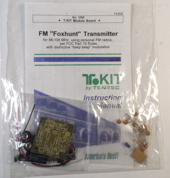 Ten-Tec Model 1059 T-Kit FM Foxhunt Transmitter unbuilt module board. Beep-beep signal for direction finding games on 88-108 MHz FM band. Fun educational project for clubs, Scouts, families. Compact, 9V battery powered. Genuine Ten-Tec T-Kit.