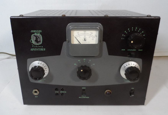Excellent E.F. Johnson Viking Adventurer CW transmitter in great cosmetic condition with proven output on 40 meters. Classic 1950s novice transmitter covering 80-10 meters, approximately 50W input. Features SO-239 rear connector upgrade. Perfect working vintage ham radio transmitter for CW enthusiasts and collectors.