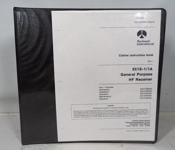 Original full Rockwell Collins 651S-1 / 651S-1A General Purpose HF Receiver Instruction and Service Manual. Complete technical documentation for operation, maintenance & repair. Excellent for collectors and restorers.
