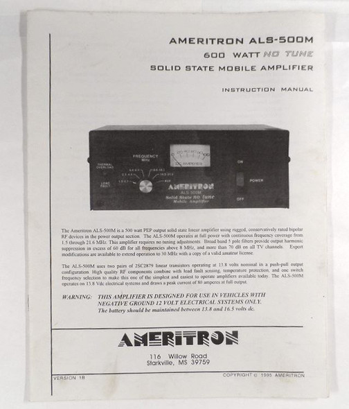 Original Ameritron ALS-500M Solid State Mobile Amplifier Instruction Manual for sale. Complete used original manual for the 500 watt no-tune HF amp (1.5-21.6 MHz). Perfect for vintage ham radio enthusiasts and ALS-500M owners. Fast shipping from Nationwide Radio & Equipment sales."