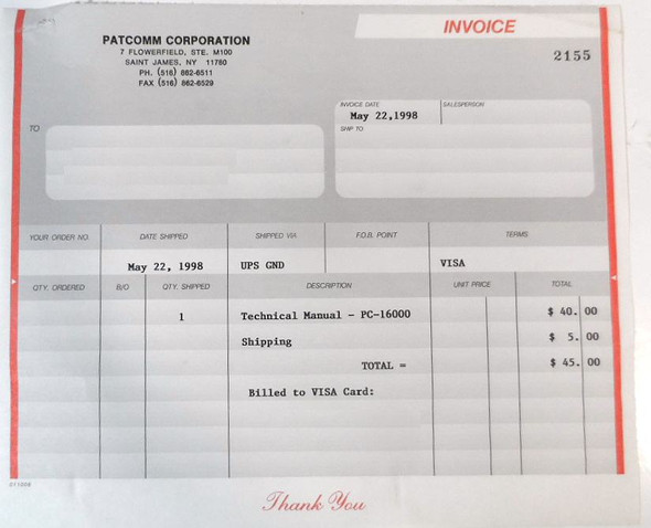 New Patcomm PC-1600 Technical Manual for sale. Complete factory technical documentation for the Patcomm PC-1600 HF DSP transceiver. Rare reference for this innovative 1990s American ham radio. Ships from Nationwide Radio & Equipment.