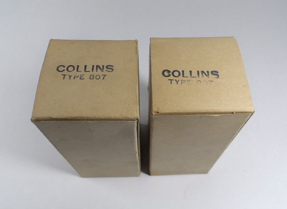 For sale: Pair of Collins branded 807 vacuum tubes, New Old Stock in original boxes. Perfect for Collins 32V series and vintage transmitter restoration. Tested strong. Nationwide Radio & Equipment Sales.