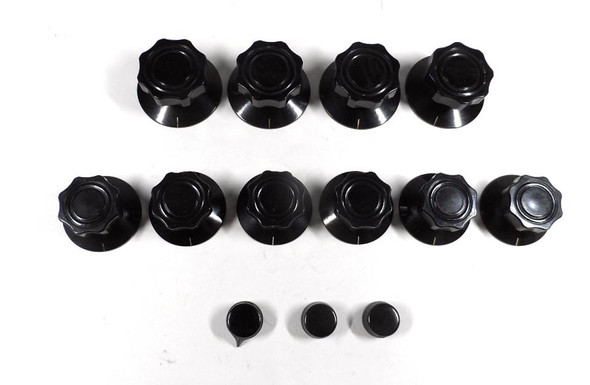 New Dakaware phenolic knob set for Collins 75A-4 receiver (less large tuning knob). Includes unmarked bandpass replacement. Authentic-style brass-insert knobs for restoration.