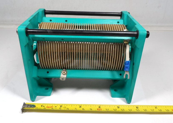 Harris-style green plastic frame roller inductor, 1.6–35 µH, silver-plated flat ribbon coil with double internal contacts, ¼″ shaft. Ideal for HF antenna tuners & amplifiers.