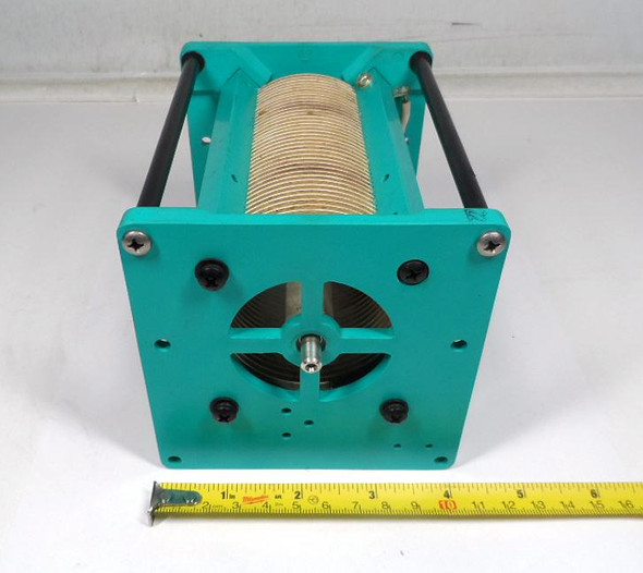 Harris-style green plastic frame roller inductor, 1.6–35 µH, silver-plated flat ribbon coil with double internal contacts, ¼″ shaft. Ideal for HF antenna tuners & amplifiers.