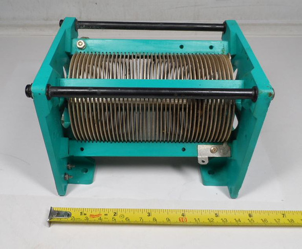 Harris-style green plastic frame roller inductor, 1.6–35 µH, silver-plated flat ribbon coil with double internal contacts, ¼″ shaft. Ideal for HF antenna tuners & amplifiers.