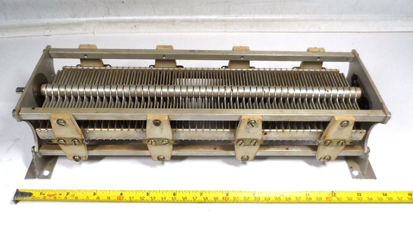 Hammarlund 920 0073 00 single section air variable capacitor, 80-914 pF, 3750 V AC peak rating. Large 14 3/8 inch long heavy-duty transmitting style unit with 1/4 inch shaft. Ideal for high power RF amplifiers, antenna tuners, and ham radio projects. Steatite insulated, 99 plates, 0.084 inch plate spacing. Matching NSN 5910-00-186-1664 characteristics. Quality vintage Hammarlund construction for reliable high voltage performance. Available from Nationwide Radio & Eq. Sales.