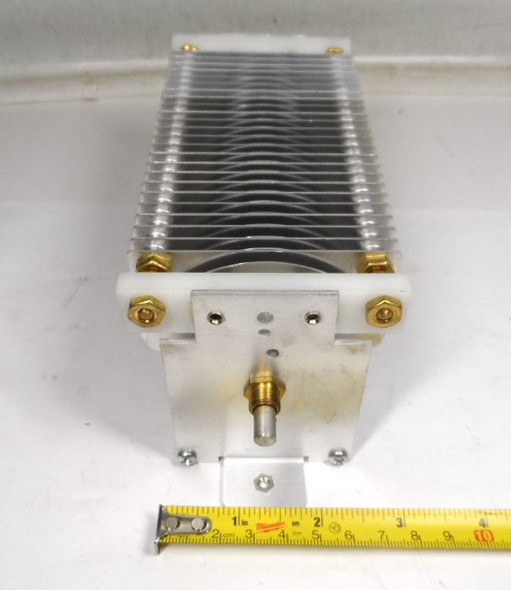 New single section air variable capacitor, 42-465 pF, approximately 2500 V rating with 1/16 inch plate spacing. Heavy-duty 6 1/8 inch long multi-plate unit with 1/4 inch shaft. Ideal for RF amplifiers, antenna tuners, and ham radio projects. Quality modern construction for reliable performance. Available from Nationwide Radio & Eq. Sales.