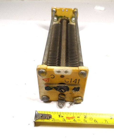 Find premium vintage radio gear with this authentic General Electric single-section air variable capacitor. Built with a robust 1/32-inch plate spacing, this high-voltage tuning unit delivers a stable 26 to 480 pF capacitance range rated for 1.2kV to 1.5kV applications. Featuring ceramic end insulators with the classic GE logo, an 8-inch body length, and a standard 1/4-inch diameter shaft, it is perfectly suited for linear amplifiers, antenna tuners, and ham radio repair. We have three identical industrial-grade units available, including model variations X-112, C-141, and P-7763513-1 (one featuring an RC Company contract stamp). Upgrade or restore your RF equipment today with reliable, heavy-duty components from our nationwide inventory.