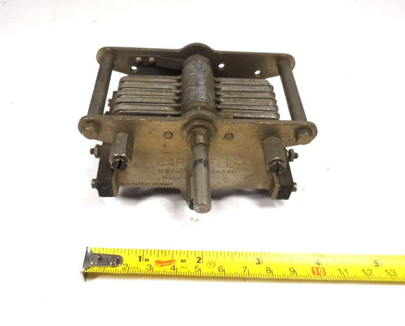 Vintage Cardwell single-section air variable capacitor, 18–360 pF, approximately 2500 V peak rating. Classic USA-made multi-plate design with variable-thickness plates, ~1/16-inch spacing, and 3/16-inch diameter × 1.4-inch shaft. Measures about 4 × 4 × 3-1/2 inches. Built under U.S. Patents 1,626,391 and 1,672,367. Ideal for amateur radio transmitters, receivers, antenna tuners, or restoration projects needing reliable RF tuning components.