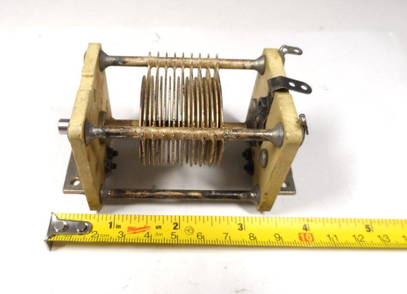 Vintage Westinghouse 962 single-section air variable capacitor, 12–108 pF, approximately 1500 V peak rating. Compact USA-made multi-plate design with ~1/32-inch plate spacing and 1/4-inch shaft. Measures about 4 × 2 × 2 inches. Marked with Westinghouse W logo and 100 MMFD. Ideal for amateur radio receivers, restoration projects, or RF tuning applications needing a reliable low-loss component.