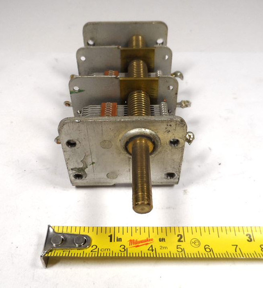 Genuine Radio Condenser Company (RC) triple-section air variable capacitor marked 273 6228 226. Each section measures 12–375 pF with approximately 1/64-inch plate spacing and a 1/4-inch × 1-inch shaft. Compact 4-3/8 × 1-7/8 × 2-inch size ideal for AM broadcast receivers, restorations, crystal sets, antenna tuners, and homebrew RF projects. Typical 600–700 V rating. Solid dual-bearing construction with solder-lug terminals. Clean used condition ready for immediate use in vintage or experimental radio work.