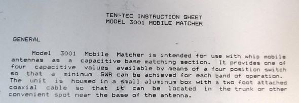 Ten-Tec  Model 3001 Mobile Antenna Matcher  Used in Original Box
