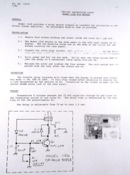 Ten-Tec Model 1126 Amplifier Switching Kit the Argosy Model 525 or Argosy II Model 525D NEW in Box