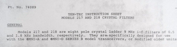 Ten-Tec Model 217, 9 MHz 8 Pole 500 Hz CW Crystal Filter NEW in Box