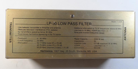 Vectronics LP-30 1500-watt HF low pass filter for TV  Interference