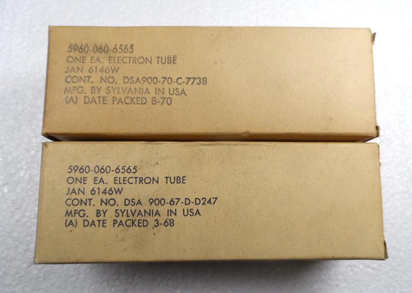 Pair (2) of genuine Sylvania JAN 6146W NOS beam power tetrode vacuum tubes, date codes March 1968 and August 1970. Tested 100% on Dynascan tube tester in excellent cosmetic condition with original boxes. Rugged military-spec replacements for 6146/6146A/6146B. Ideal for Kenwood hybrids, Drake, Collins, and vintage HF transmitters. Premium USA-made tubes from Nationwide Radio & Eq Sales LLC.