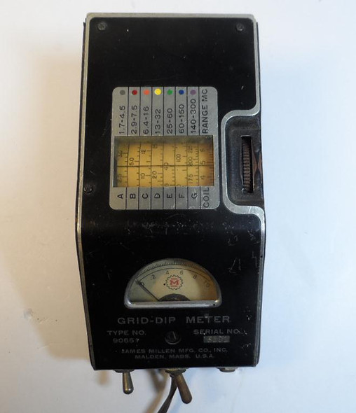 Discover the classic James Millen 90651 grid dip meter in GOOD condition with full factory coil set and original plastic carry case. Serial 5101 vacuum tube GDO covers 1.7-300 MHz for antenna tuning, resonance checks, and more. Ideal vintage ham radio test instrument