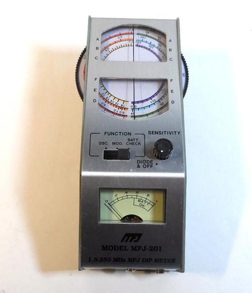 MFJ-201 Solid State Grid Dip Meter in like new condition. Covers 1.5-250 MHz across 6 bands with thumbwheel tuning and color-coded scales. Compact handheld design, battery powered (9V), includes meter, sensitivity control, and headphone jack. Perfect for checking resonant frequencies of antennas, coils, traps, and tuned circuits; use as absorption wavemeter, test oscillator, or for coax length measurements. Excellent cosmetic condition with minimal signs of use. Note: No coils included