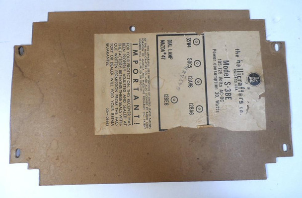 Original used bottom cover for Hallicrafters S-38E shortwave receiver. Correct factory panel for the underside of the cabinet. Good condition part for restoring your classic 1950s Hallicrafters S-38E receiver. Important safety cover for this hot-chassis design