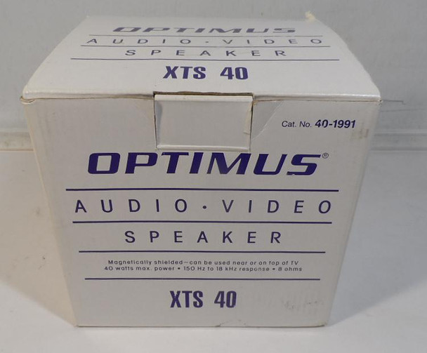 New in original box Optimus XTS-40 (40-1991) compact cube speaker by Radio Shack. 40W max, 8 ohm, magnetically shielded. Vintage desktop / bookshelf audio.