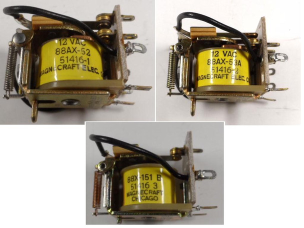 Vintage Magnecraft relays for National NCL-2000 linear amplifier: K1 DPDT Antenna 88AX-53A 51416-1, K2 SPST NC Overload B51416-3, Plate SPST NO 10A B51416-2. 12VAC coils, tested pulls available. Perfect for ham radio restorations.