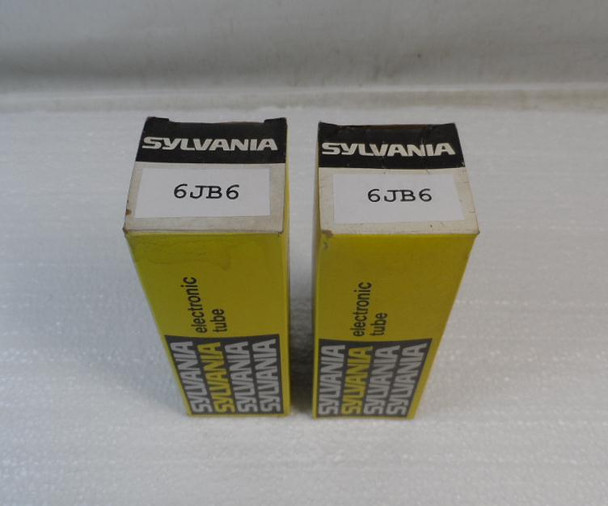 Set of 2 genuine Sylvania 6JB6 NOS beam power pentode vacuum tubes, tested 100% on Dynascan tube tester in excellent cosmetic condition with original boxes. Final amplifier tubes for Drake TR-4 series transceivers and T-4X transmitters. Strong emission, ready to restore full output. Premium USA-made tubes from Nationwide Radio & Eq Sales LLC